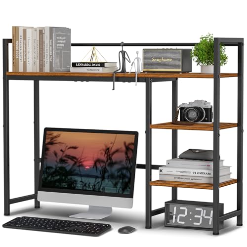 Snughome Desk Shelf, 38.6" Desktop Organizer Shelf, Desk Hutch for Computer Monitor, 4 Tier Desk Display Rack, Wood Desktop Bookshelf Storage Rack for Home Office Dorm, Rustic Brown Snughome