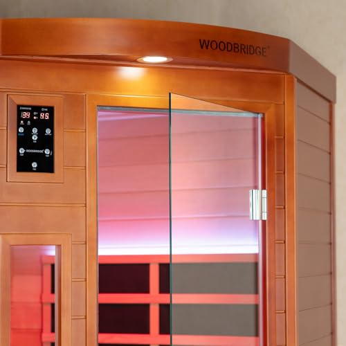 WOODBRIDGE Infrared Sauna Room 2 Person Japanese Cedar Indoor Corner Sauna with 7 Carbon Heaters, Red Light Therapy,Bluetooth Speaker,Intelligent Dual Control System,Tempered Glass,Exterior Brim Light WOODBRIDGE