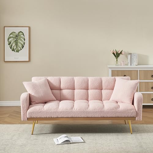 Ball & Cast Convertible Sleeper Sofa Bed with Adjustable Backrest,Teddy Upholstered Futon Couch Bed W/ 2 Pillows,Armrest and Metal Legs,Loveseat Sofa for Living Room,Apartment,Small Space,Pink,69" Ball & Cast