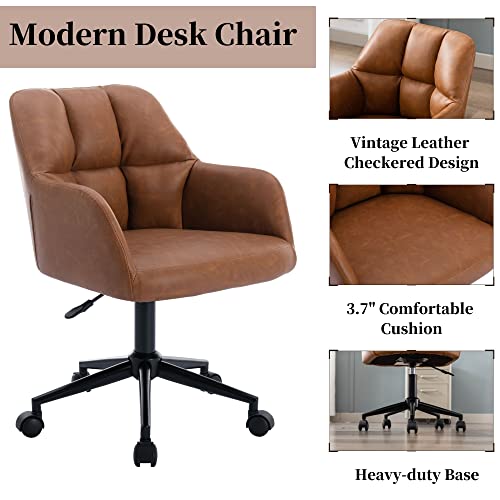 Brown Leather Desk Chair Office Chair with Mid Back Support Armrest, Adjustable-Height 360° Swivel Rolling Task Chair Home Office Modern Vanity Chair, Brown BESTANO