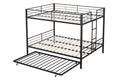 PVWIIK Queen Over Queen Metal Bunk Bed with Trundle for Kids,Heavy Duty Bunk Bed w/Ladder & Full Length Guardrail No Box Spring Needed,for Dorm,Bedroom,Guest Room, Black PVWIIK