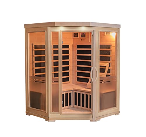 Heat Wave 3 Person Sauna Corner Fitting Infrared FIR FAR 7 Carbon Heaters Hemlock Wood MP3 Player 2 Speakers Color Therapy Light LED Control Panel Heat Wave