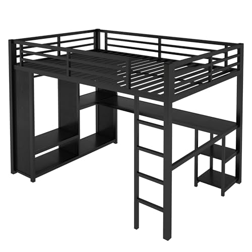 Full Size Loft Bed with Desk and Storage Shelves, Full Size Loft Bed with Wardrobe, Hanging Rod, Guardrail and Ladder, Balck Bellemave