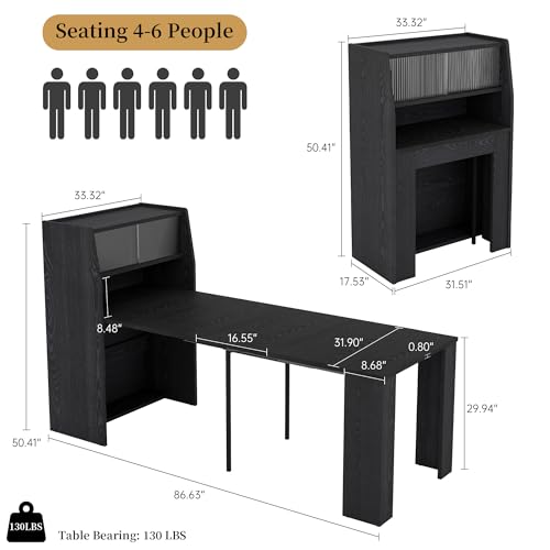 86.6" Extendable Dining Table Seats 4-6, Foldable Kitchen Table with Storage Cabinet for Small Spaces, Multifunctional Console Table with Built-in Shelf, Modern Black Finish (Black Table Only) HIPIHOM