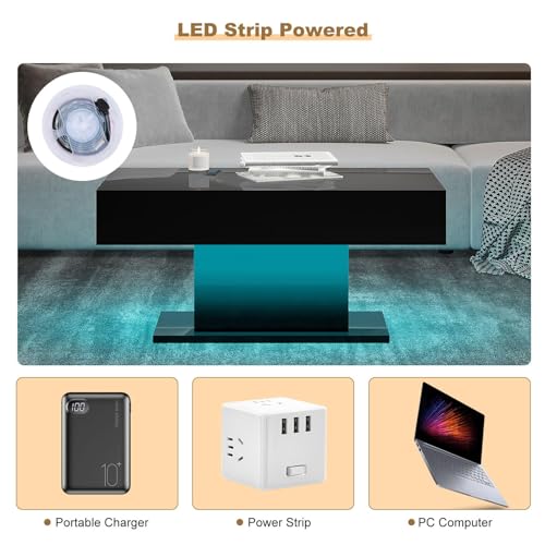 HedoAjim Led Coffee Table for Living Room, Living Room Table Rectangular Center Table, Modern High Glossy Wooden Coffee Tables with 16 Colors LED Lights for Dining Reception Room, Black HedoAjim