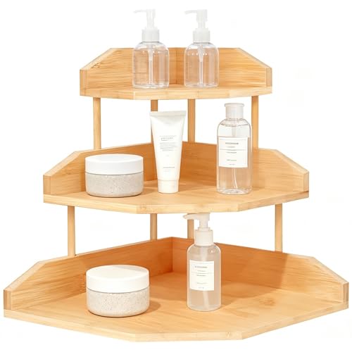 HYNAWIN Bamboo Corner Desk Organizer Shelf, 3-Tier Triangle Storage Rack for Office & Home, Space-Saving Desktop Shelf for Books, Stationery, Makeup, Small Items HYNAWIN