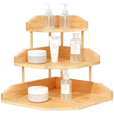 HYNAWIN Bamboo Corner Desk Organizer Shelf, 3-Tier Triangle Storage Rack for Office & Home, Space-Saving Desktop Shelf for Books, Stationery, Makeup, Small Items