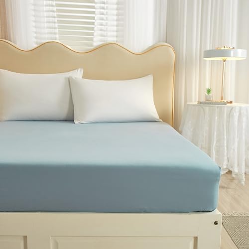 VM VOUGEMARKET Foggy Blue Twin Fitted Sheet 1 Piece,100% Cotton Blue Single Bottom Sheet with 15" Deep Pocket,Comfortable and Breathable Mattress Cover VM VOUGEMARKET