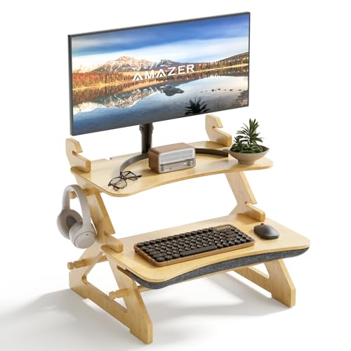 Amazer Standing Desk Converter, 22 inch Bamboo Small Sit Stand Up Desk Riser with Lap Desk Computer Desktop Desk Converter for Monitor and Laptop with Keyboard Tray Amazer