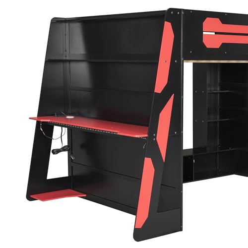 HZXINKEDZSW Full Size Wood Gaming Loft Bed with Desk, Multi-Storage Shelves and Light Strip, Modern Esports Style Bed Frame for Boys Girls Teens Bedroom Apartment Dormitory (Black+Red, Full) HZXINKEDZSW