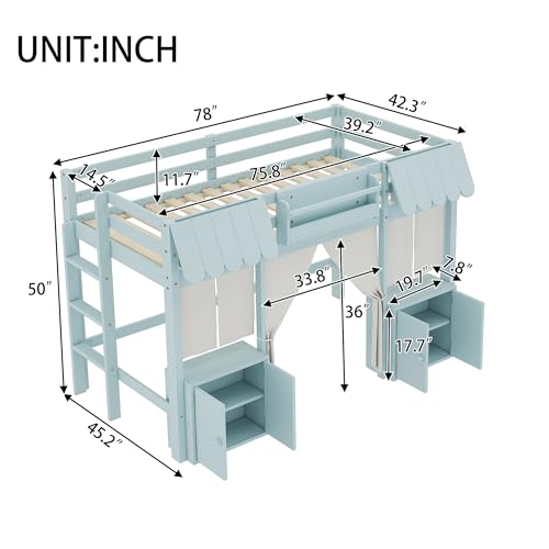 Harper & Bright Designs Twin Size Low Loft Bed for Kids, Solid Wood Loft Bed Frame with Built-in Bookshelf, Storage Shelf, Curtain, Guardrail and Ladder for Boys Girls, Easy Assembly, Light Blue Harper & Bright Designs