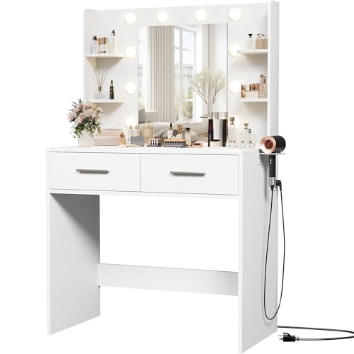 Furmax Make up Vanity Desk with Mirror and Power Outlet, Vanity with 3 Color Light Options Adjustable Brightness,Vanity Desk with 2 Drawers, 6 Storage Shelves (White, No Bench) Furmax