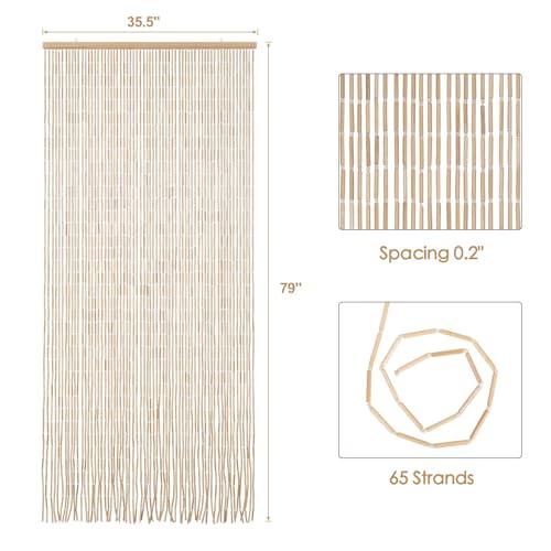 BECHAEO Handmade Bamboo Beaded Curtain for Doorway 65 Strands Door Beads Curtain Hanging Room Divider for Hallway Window Closet Boho Rustic Hippie Home Store Decor, 35.5 x 75 Inches Natural BECHAEO
