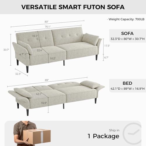 COPIAE 89” Futon Sofa Bed, Comfy Futon Couch Bed with 2 Square Pillows,Convertible Sleeper Sofa with Adjustable Backrest& Armrests, Modern Loveseat Sleeper for Living Room,Velvet Fabric White COPIAE