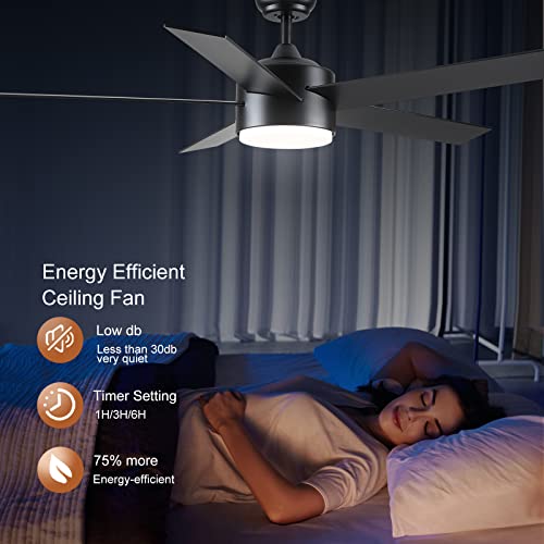 POCHFAN 52 inch Black Ceiling Fans with Lights and Remote Control, Dimmable 3-Color Temperatures LED Ceiling Fan, Wooden Quiet Reversible Modern Ceiling Fan for Bedroom, Living Room, Dining Room POCHFAN