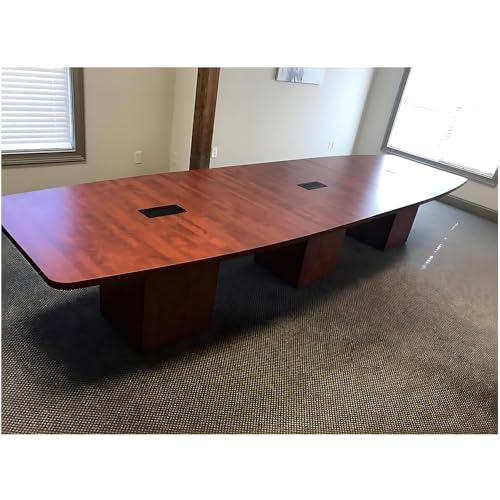 New Cherry Laminate Finish 10ft Conference Table Wood Boat Shaped Square Storage Cube Legs Doors Grommets Desk Base Meeting Room Racetrack Furniture Office Business Modern 118''L x 47-32''W x 29''H WoodArtSupply