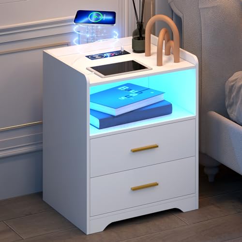 dnbss White LED Nightstand with Charging Station and 24-Color RGB Lights, Smart Night Stand with Human Sensor Lighting, Modern Bedside Table for Bedroom dnbss