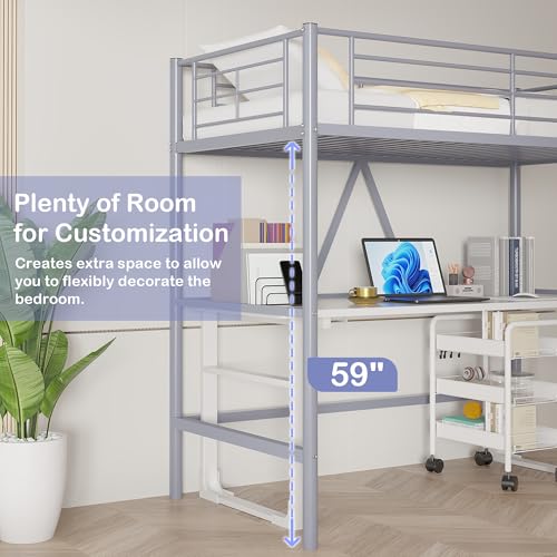 VECELO Metal Loft Bed Twin Size with Removable Ladder and Safety Guardrail, No Box Spring Needed, Space Saving, Noise Free, Grey VECELO