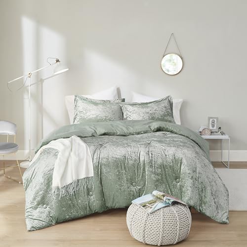 Comfort Spaces Luxe Velvet Comforter Set for Twin Size Bed, Microfiber Reverse, Juliette, All Season Bedding, Fluffy Bed Set, Sham, Sage Green 2 Piece Comfort Spaces