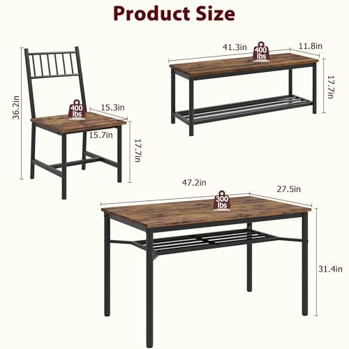 Garvee Dining Table Set for 4 with Bench and Chairs, 4-Piece Kitchen Table Set with Storage – Space-Saving Dining Table for Apartments and Dining Rooms, Brown Garvee
