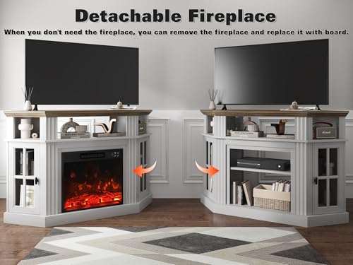 YESHOMY Corner Fireplace TV Stand for Television up to 55" with Storage Cabinets, Entertainment Center, Media Console for Living Room, Bedroom, White&Rustic YESHOMY