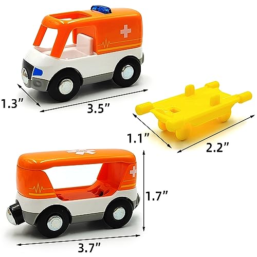 Magnetic Trains Cars Playset Wooden Train Track Accessories Train Set for Toddlers 3-5 Wooden Train Sets for Boys Ages 2-4-7 (Ambulance B (with Light and Sound)) DSHMIXIA