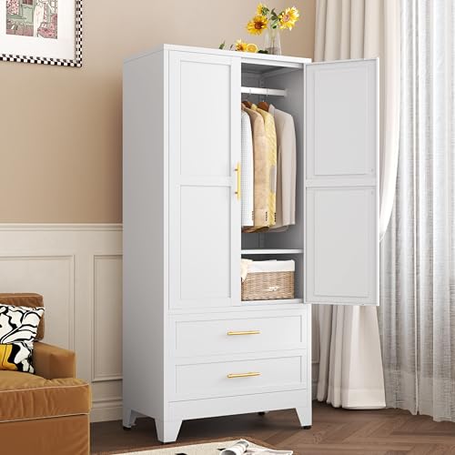 Metal Wardrobe Closet with 2 Doors & 2 Drawers, 71" Tall Armoire Wardrobe Closet with Hanging Rods and Adjustable Shelf, Steel Wardrobe Storage Cabinet for Bedroom-White winiowa
