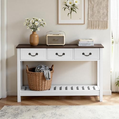 VEVOR 47 in Console Table, Farmhouse Desk Behind The Couch with Drawers and Bottom Storage Shelf, Wooden Rectangle Entrance Narrow Sofa Table for Hallway, Bedroom, Living Room, Foyer, Brown + White VEVOR