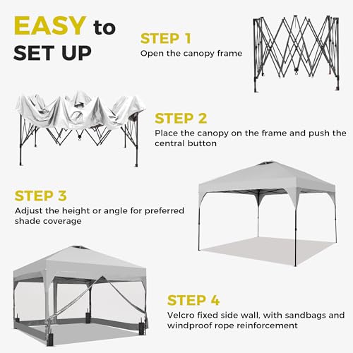 GDY 12x12FT Pop Up Canopy Tent with One Push Setup, Easy Setup Gazebo with 4 PVC Transparent Sidewalls,Includes Wheeled Bag. for Events, Parties, Camping, White. GDY