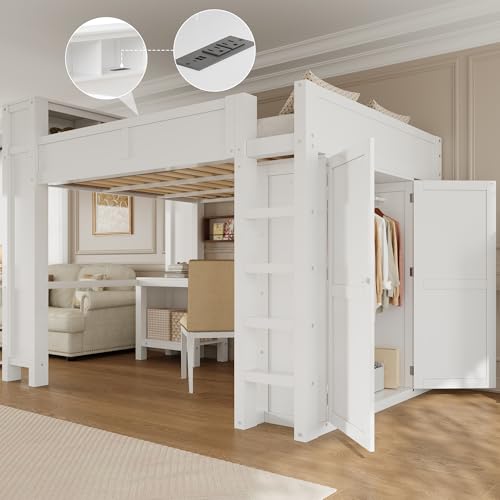 CKLMMC Wooden Queen Loft Bed with Desk, Headboard with Storage and USB, Space-Saving Modern Design for Small Rooms (White-Q1) CKLMMC