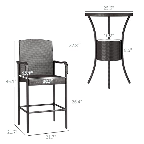 Outsunny 3 Pieces Rattan Wicker Bar Set with Ice Buckets, Patio Furniture with 1 Bar Table and 2 Bar Stools for Poolside, Backyard, Porches, Dark Brown Outsunny