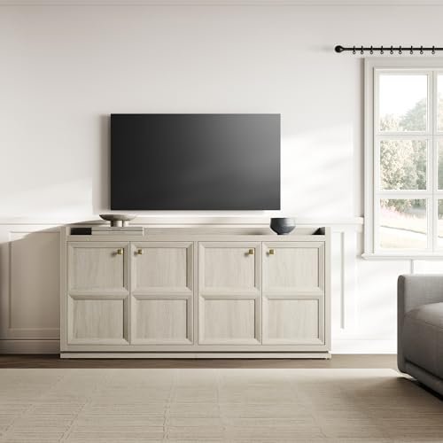 SICOTAS 4-Door Buffet Cabinet for Living Room - 61.7" Extra Long Sideboard with Storage & Adjustable Shelves Modern Credenza Accent Coffee Bar Storage Cabinet for Kitchen, Hallway, White Oak, 1 PCS SICOTAS