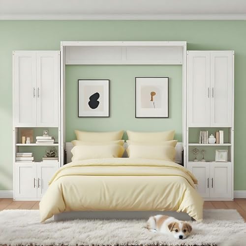 DNYN Queen Size Murphy Bed with Desk & Two Slide Storage Shelf for Small Space,Bedroom,Guest Room,Wooden Wall Bedframe w/Folding into Cabinet Design,Super Save Space & No Box Spring Needed, White DNYN