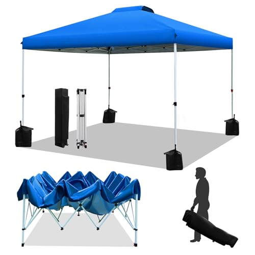WEIZE Pop up Canopy Tent 10x10ft, 1-Button Push Setup, Instant Portable Shelter, Adjustable Height, Portable Roller Bag, 4 Weight Bags, Guy Ropes & Stakes Included Blue WEIZE