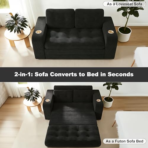 55" Convertible Sofa Bed, 2 in 1 Futon Sofa Bed with Storage Pockaets, Folding Couch Bed with Cup Holders, Boneless Loveseat Sleeper Sofa, Fold Out Floor Couch for Living Room Bedroom Lounge (Black) Hretanant