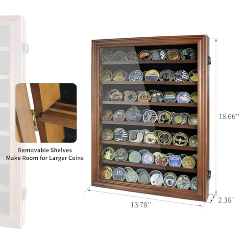 DecoWoodo 7 Rows Challenge Coin Display Case - Holds 100 Coins, Solid Wood Military Coin Holder Display Cabinet with HD Glass, Wall Mountable Shadow DecoWoodo