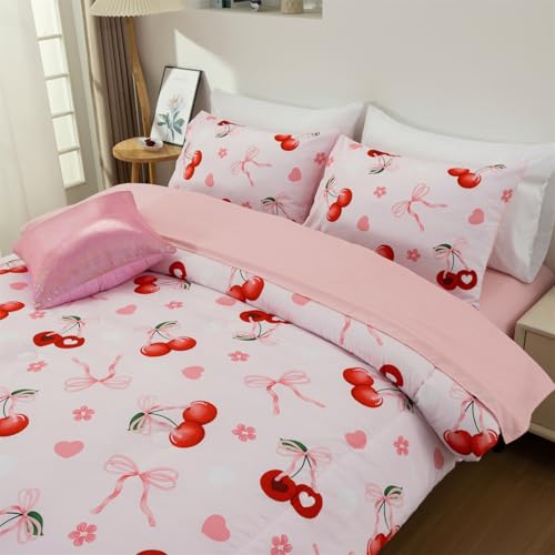 Aimuan Pink Cherries Comforter Set Cartoon Love Hearts Flowers and Grass Bedding Set for Girls Boys Kids Lightweight Soft 6 Piece with 2 Pillow Covers (Pink Red, Twin 6Pcs) Aimuan