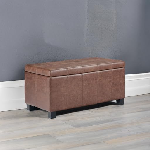 SIMPLIHOME Dover 36 inch Wide Contemporary Rectangle Storage Ottoman Bench in Distressed Umber Brown Vegan Faux Leather, Assembled, For the Living Room, Entryway and Family Room SIMPLIHOME