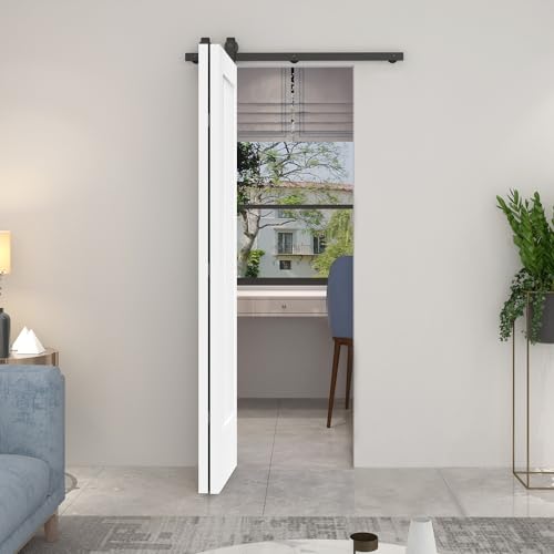 36 in. x 80 in. 1 Panel Shaker Primed MDF Composite Bi-Fold Barn Door with Sliding Hardware Kit Calhome