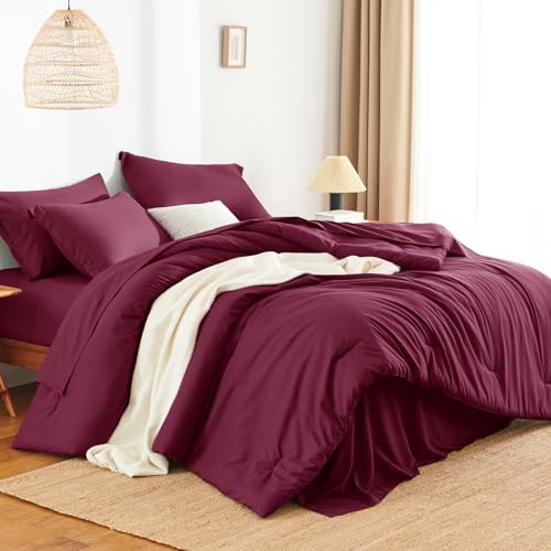 HIMEET Full Size Comforter Sets - 7 Pieces Bed in a Bag Full, Luxury Comforter Set with Sheets for All Season, Bed Set with Comforter, Flat Sheet, Fitted Sheet, Pillowcases & Shams, Burgundy HIMEET