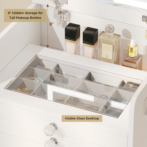 VOWNER 3-in-1 Vanity Desk with Flip Top LED Light Mirror and Glass Desktop, Small Makeup Vanity with 3 Drawers, Compact Dressing Table with Stool for Bedroom, White 19" L VOWNER