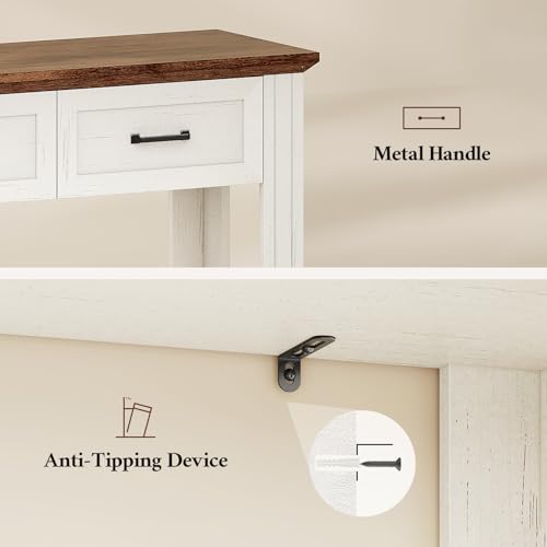 ANGRYWIN 55" Farmhouse Console Table with 3 Drawers, Rustic Entryway Table with Open Shelf, Sofa Tables Behind Couch for Entrance, Living Room, Hallway, White ANGRYWIN