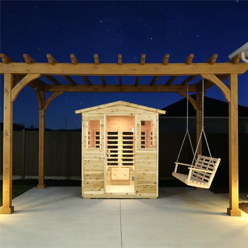 Kanlanth Outdoor Infrared Sauna with Red Light Therapy, 4 Person 2050watt Canadian Hemlock Wood Personal Sauna Room for Indoor Home, with Blue-Tooth, 4 Chromo Therapy Lighting, Control, Cup Holder Kanlanth