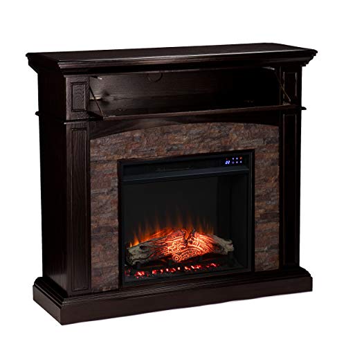 SEI Furniture Grantham Faux Stone Corner Electric Fireplace with Hidden Media Shelf, New Ebony SEI Furniture