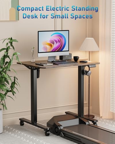 Small Height Adjustable Electric Standing Desk, 31.5" x 23.6" Sit Stand up Desk with Splice Board, Ergonomic Rising Computer Home Office Desk Table with Memory Preset, Black Frame/Rustic Brown Top Xyndyx