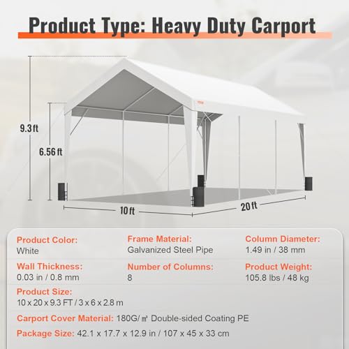 VEVOR Upgraded 10x20 ft Heavy Duty Carport Car Canopy, Car Port Garage Boat Shelter Party Tent with 8 Reinforced Poles and 4 Weight Bags, UV Resistant Waterproof Tarp for SUV, Truck, Boat VEVOR