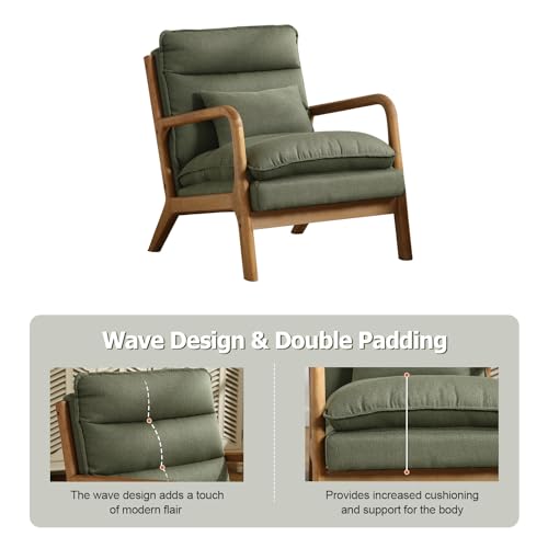 INZOY Mid Century Modern Accent Chair with Wood Frame, Upholstered Reading Armchair with Waist Cushion, Double Padded Accent Chair, Side Chair for Living Room Bedroom Office, Easy Assembly, Green INZOY
