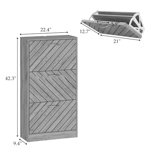 FUNISIR Shoe Storage Cabinet with 3 Flip Drawers, Slim Shoe Cabinet for Entryway, Hidden Shoe Organizer, Wooden Narrow Shoe Rack Cabinet with Removable Shelf, Grey FUNISIR