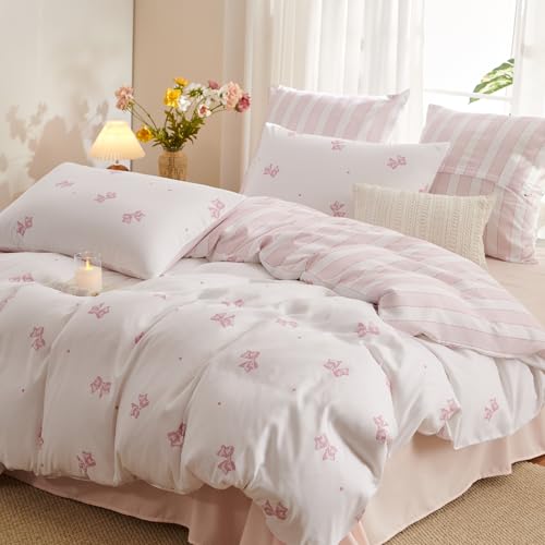 Bildenly Pink Bow Duvet Cover Twin Size Reversible White Pink Bows Striped Bedding Set Kids Girls Cute Comforter Cover Set Soft Breathable Microfiber Quilt Cover with Zipper Closure and 1 Pillowcase Bildenly