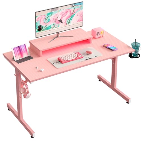 Bestier Small Gaming Desk with Monitor Stand, 42 inch LED Computer Desk, Gamer Workstation with Cup Holder & Headset Hooks, Modern Simple Style Desk for Home Office, Carbon Fiber Pink Bestier